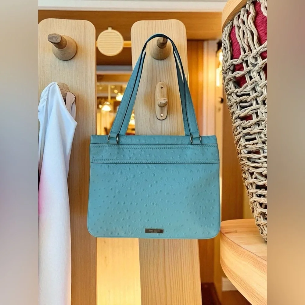 Kate Spade Robins Egg Blue Ostrich Design Embossed Leather W Bow Handbag 11x8 In